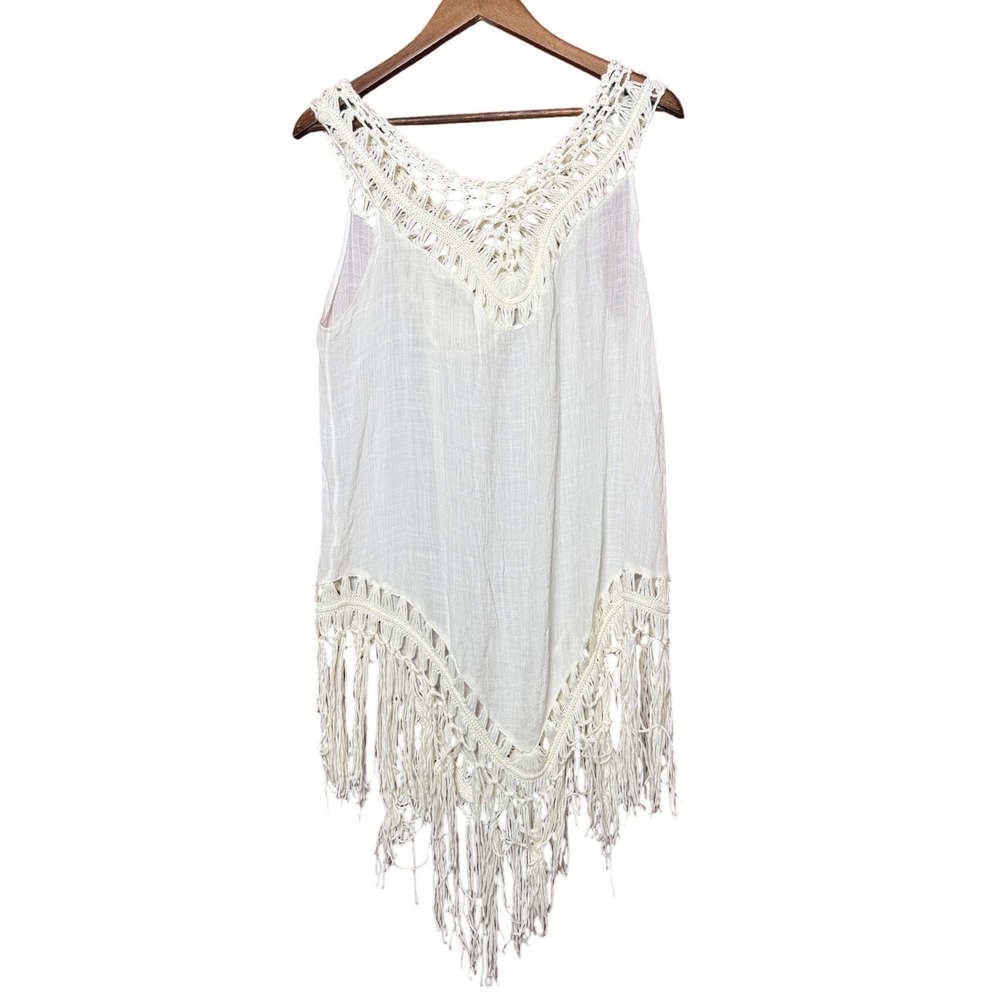 Hotouch Women Large White Crochet V-Neck Fringe Hem Boho Lightweight Tank Top